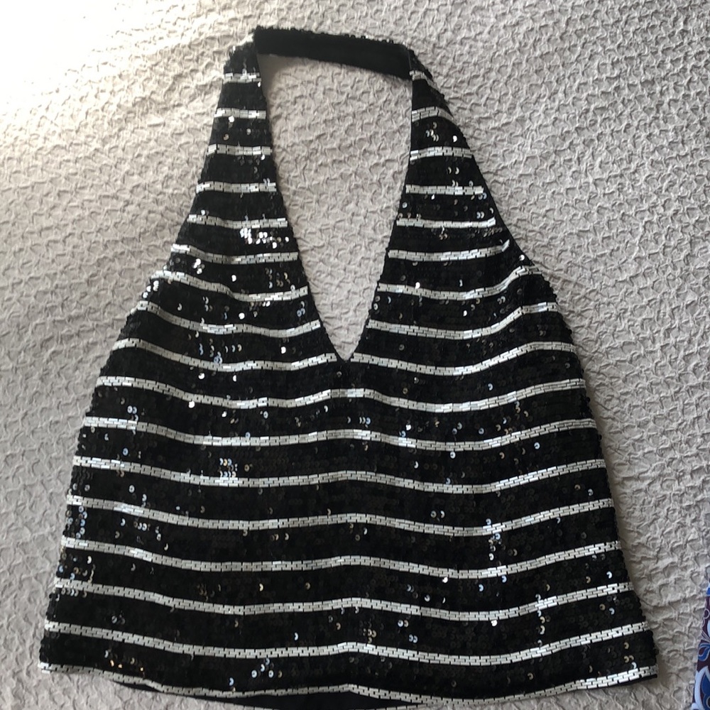 Navy & white sequin v neck - Picture 3 of 4